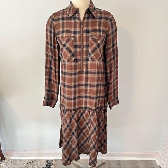 Soft Surroundings Dorset Drop Waist Flannel Midi Brown Plaid Dress Size Small - Picture 3 of 8